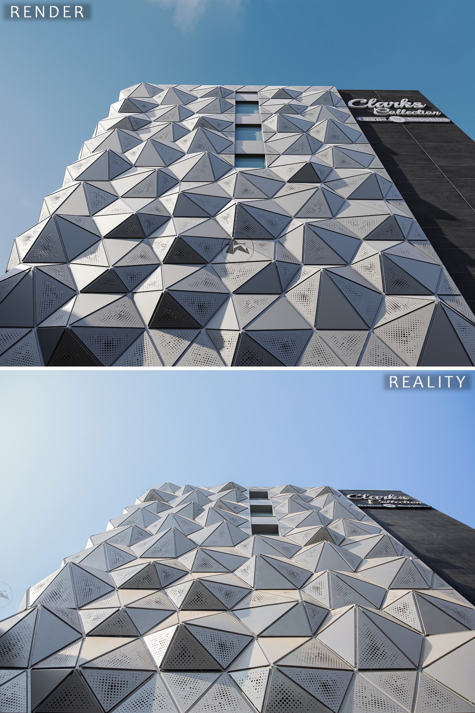 Render versus reality comparison of a custom metal facade Render versus reality comparison of a custom metal facade