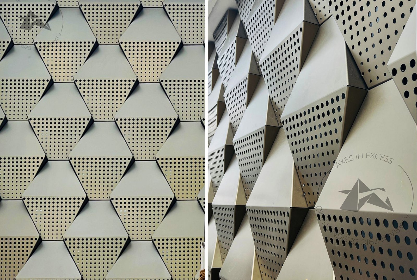 Trapezoidal 3D aluminium facade panels by Axes in Excess