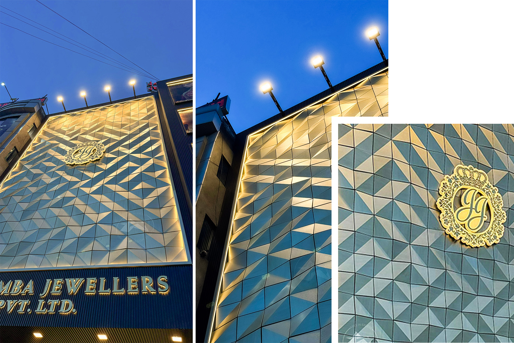 Jewellery Showroom facade designing idea in metal by axes in excess