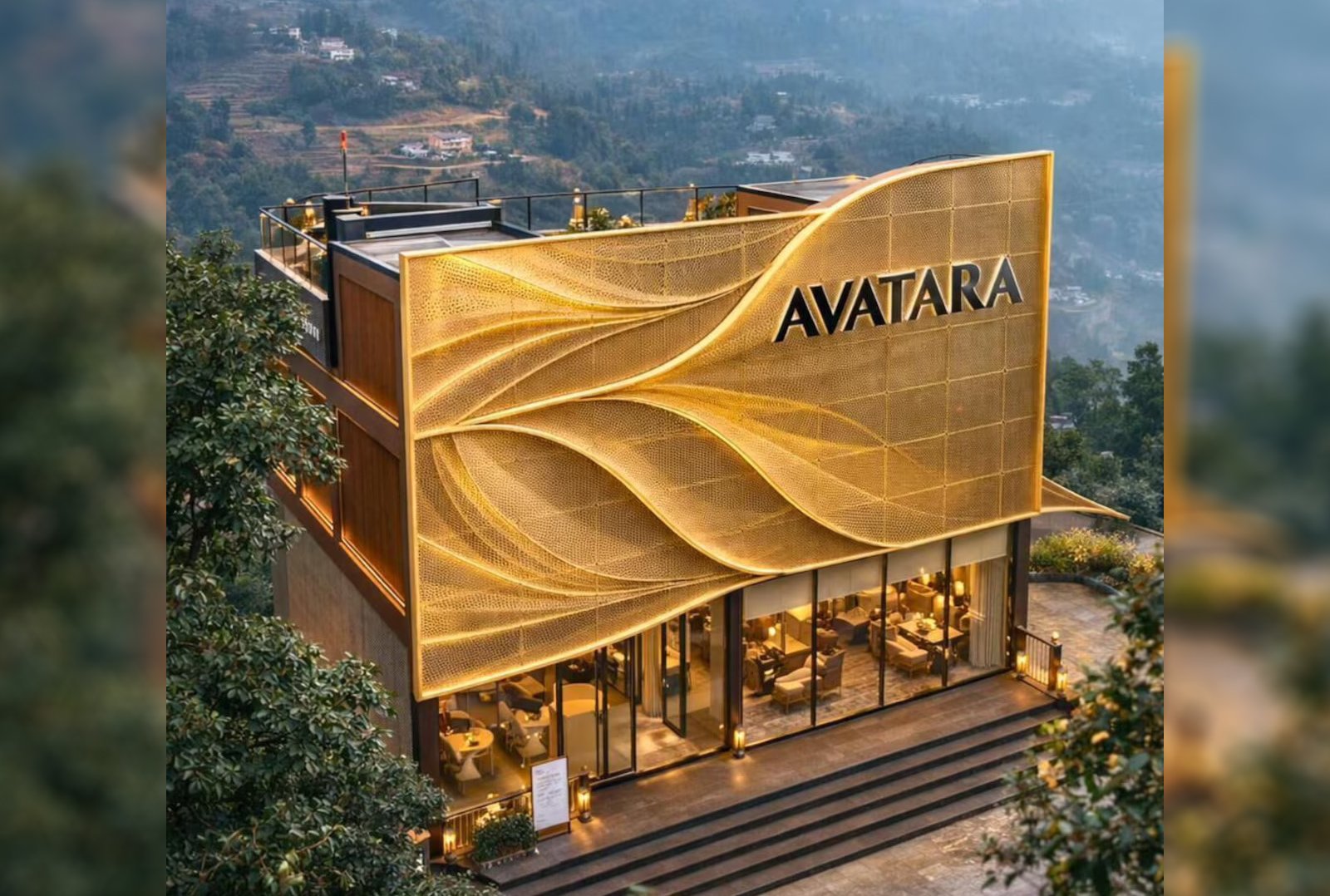 Avatara Hotel Uttarakhand gold curved coin matric metal facade exterior