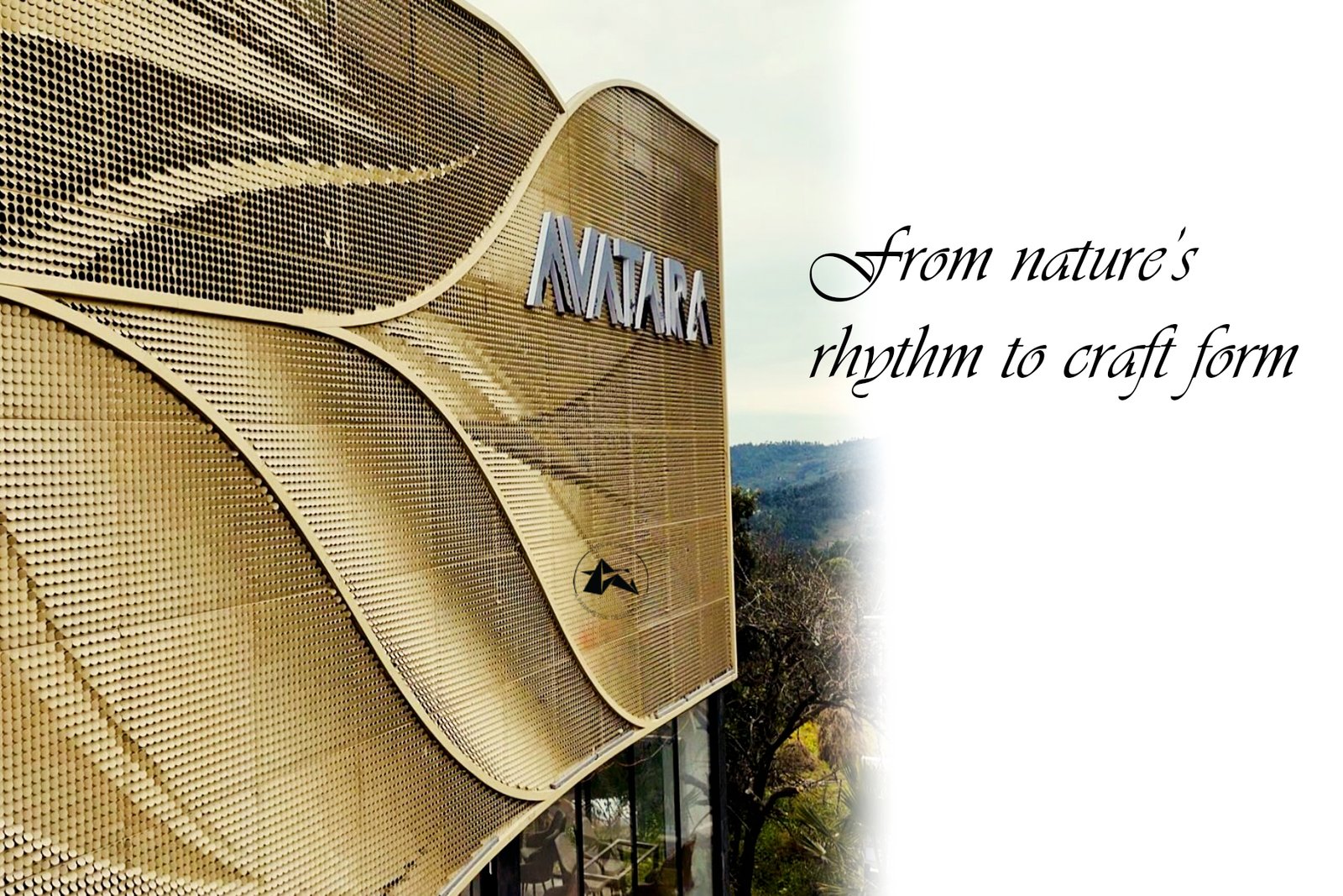 Avatara Hotel Uttarakhand with gold parametric metal facade against Himalayan landscape