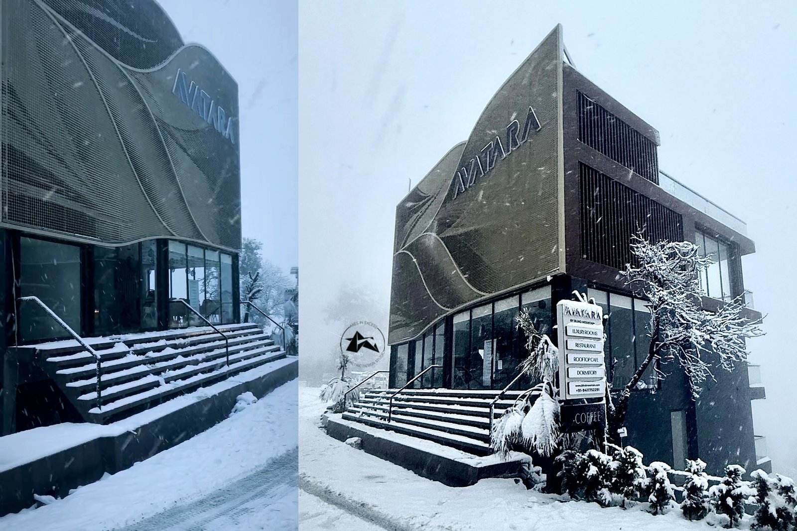 Curved gold aluminium Coin Matrix facade system on luxury mountain hotel elevation