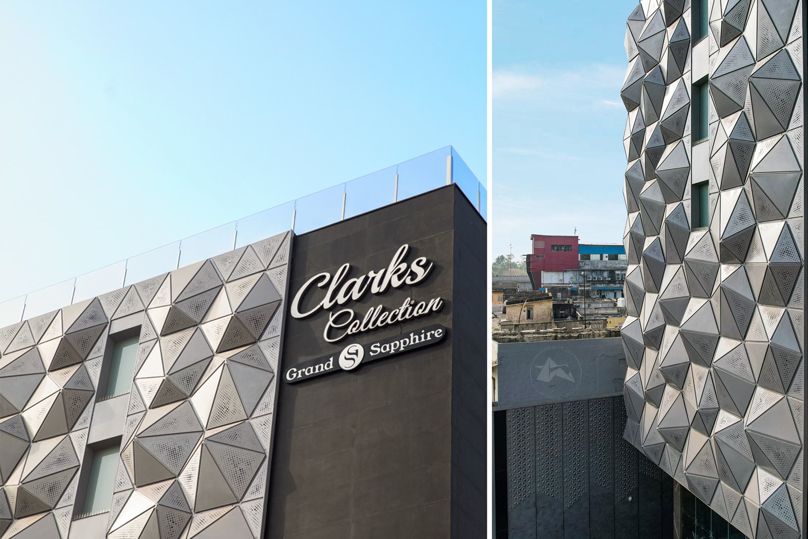 Powder coated aluminium facade installation process by axes in excess