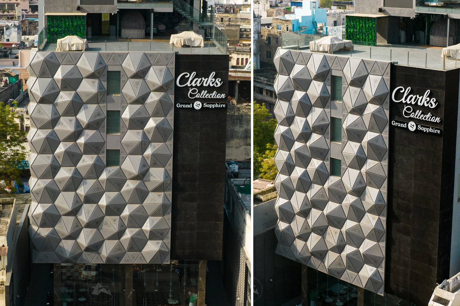 Complex facade geometry installation on hotel elevation by axes in excess