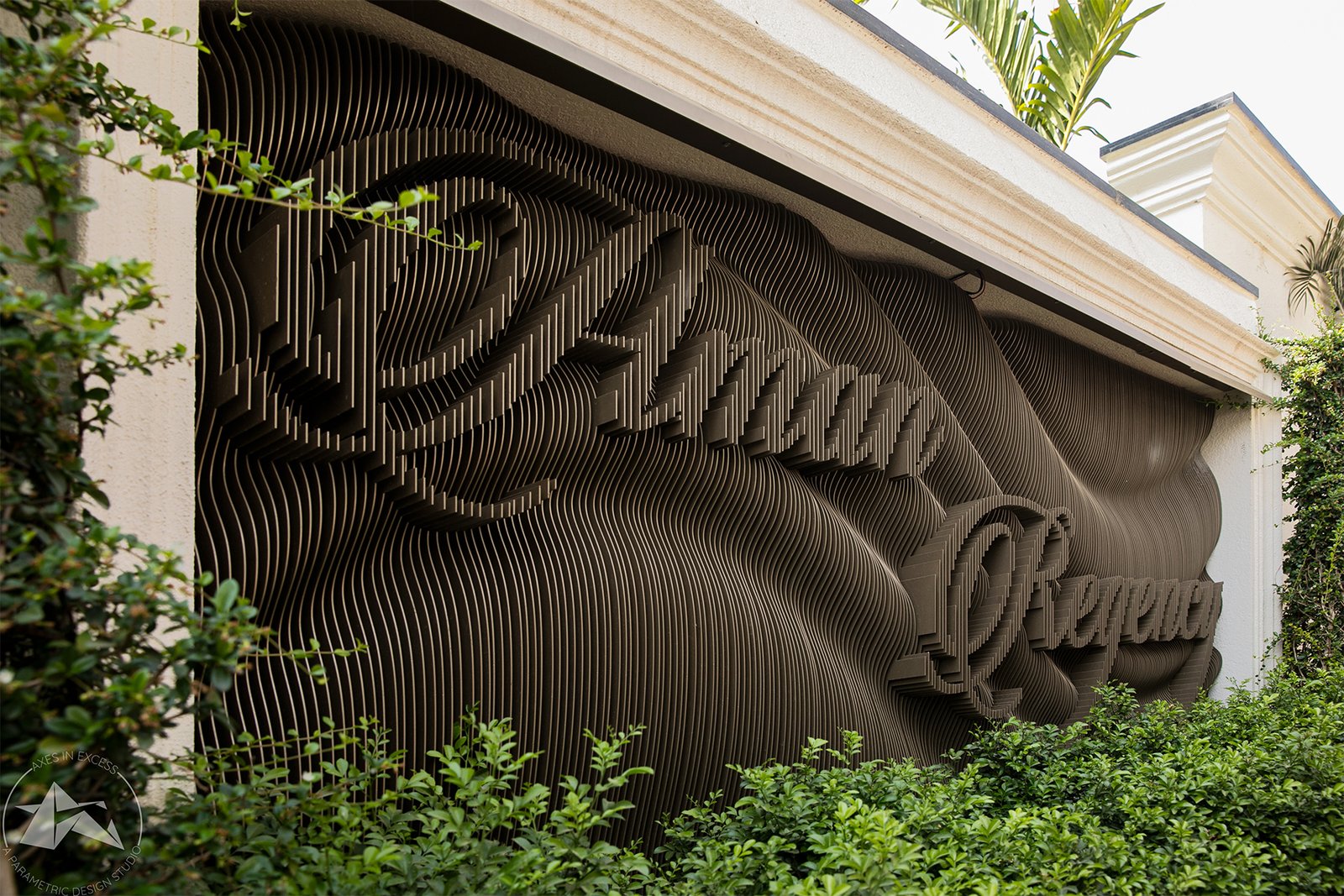 custom house name plate with geometric pattern by axes in excess