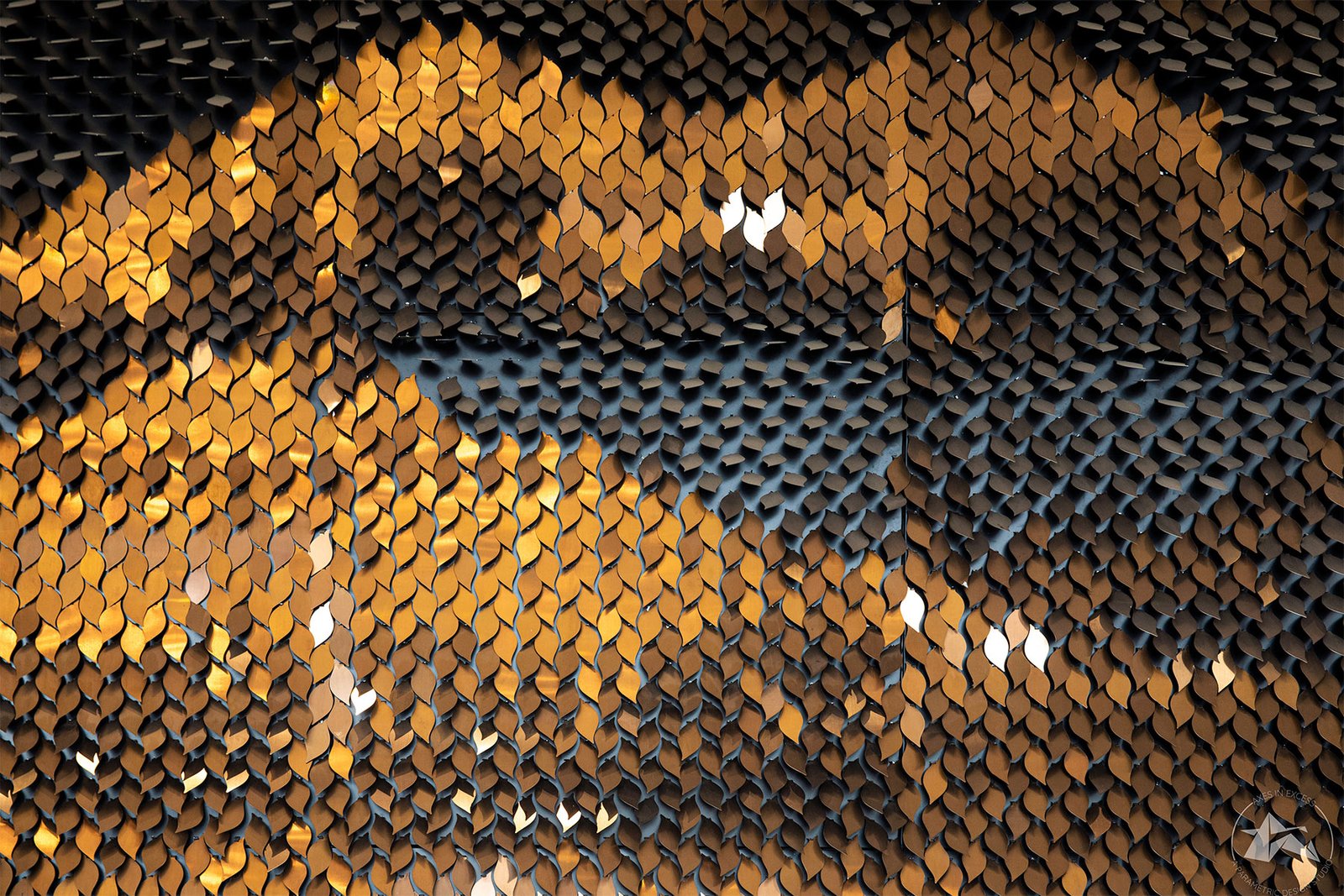 parametric metal wall installation close-up by axes in excess
