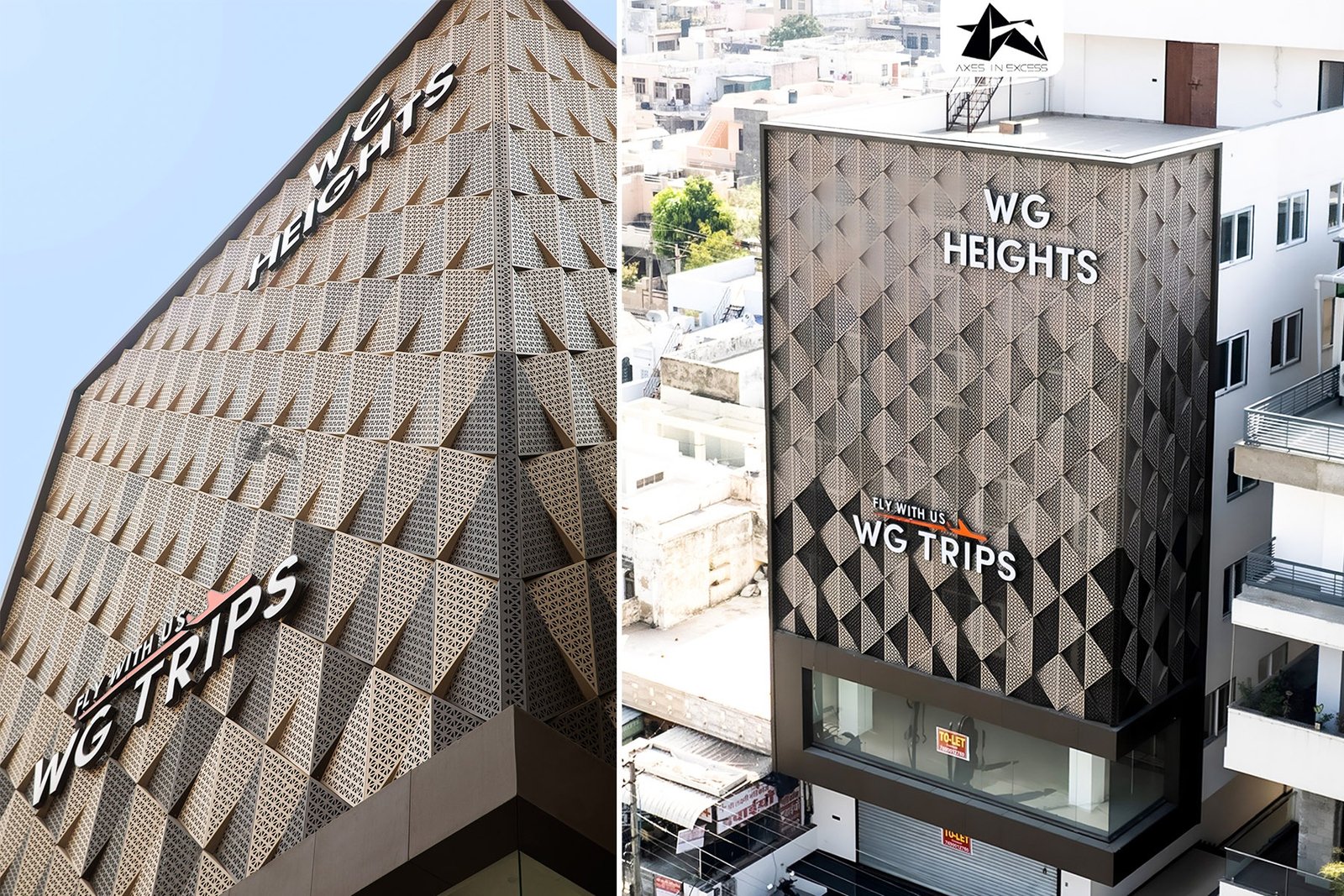 Commercial building facade design with perforated metal panels by axes in excess
