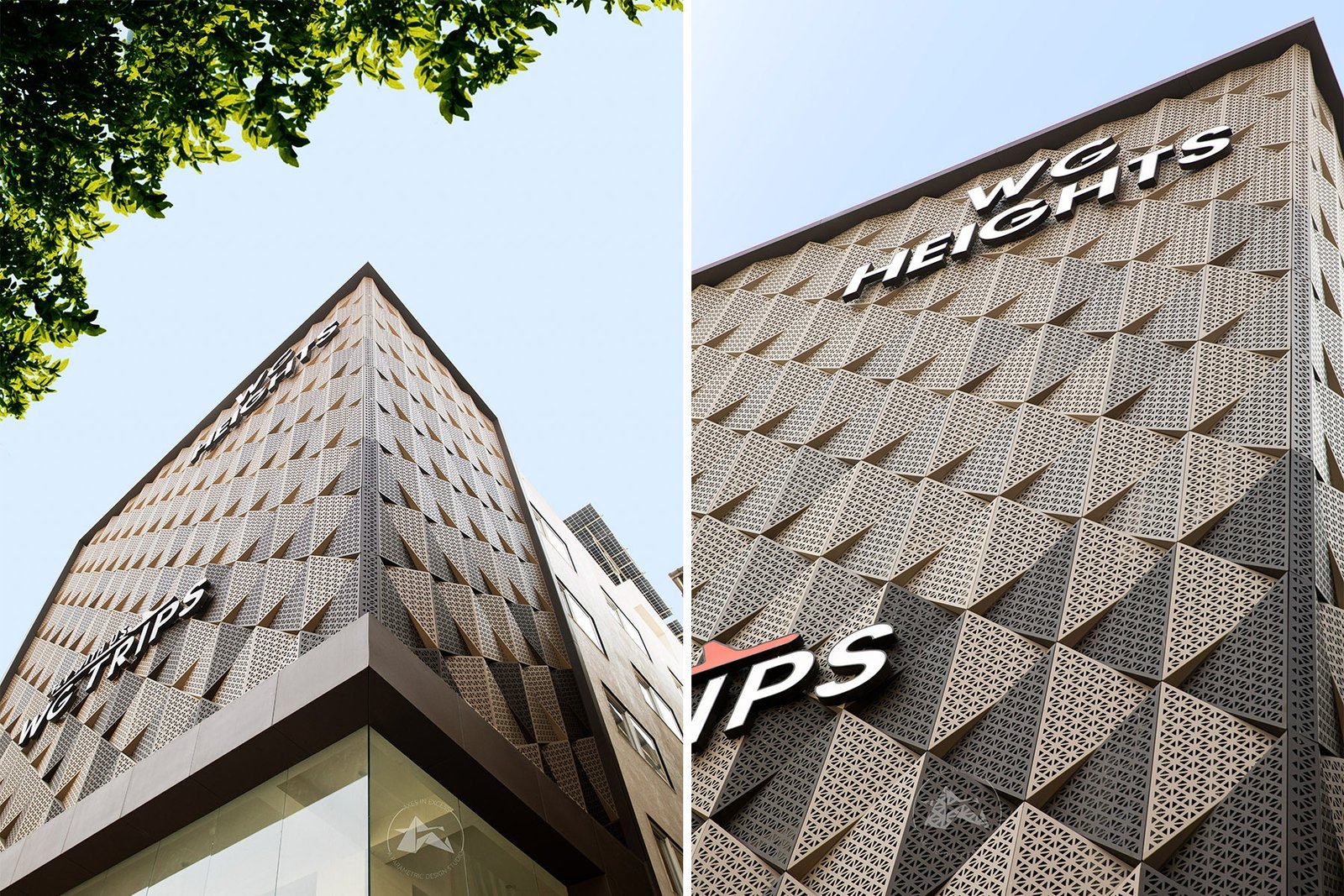 Modern parametric facade with triangular geometry by axes in excess