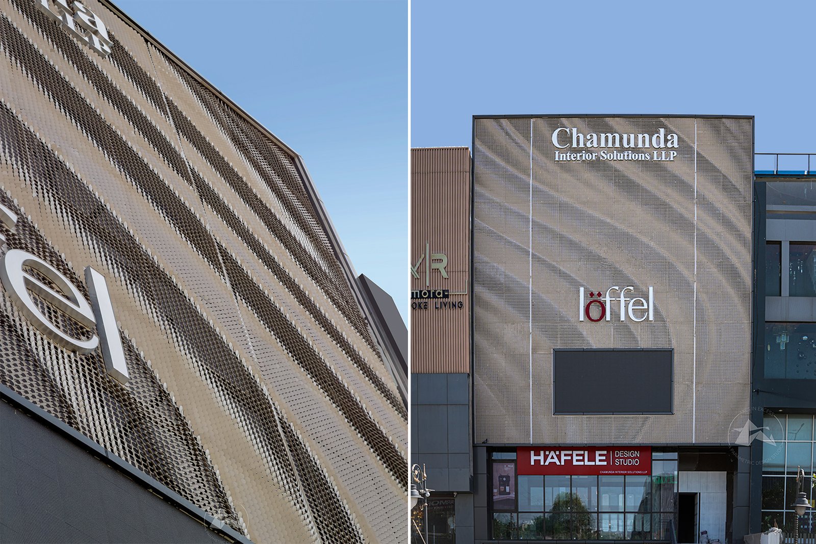 Modern hardware showroom facade in coin design