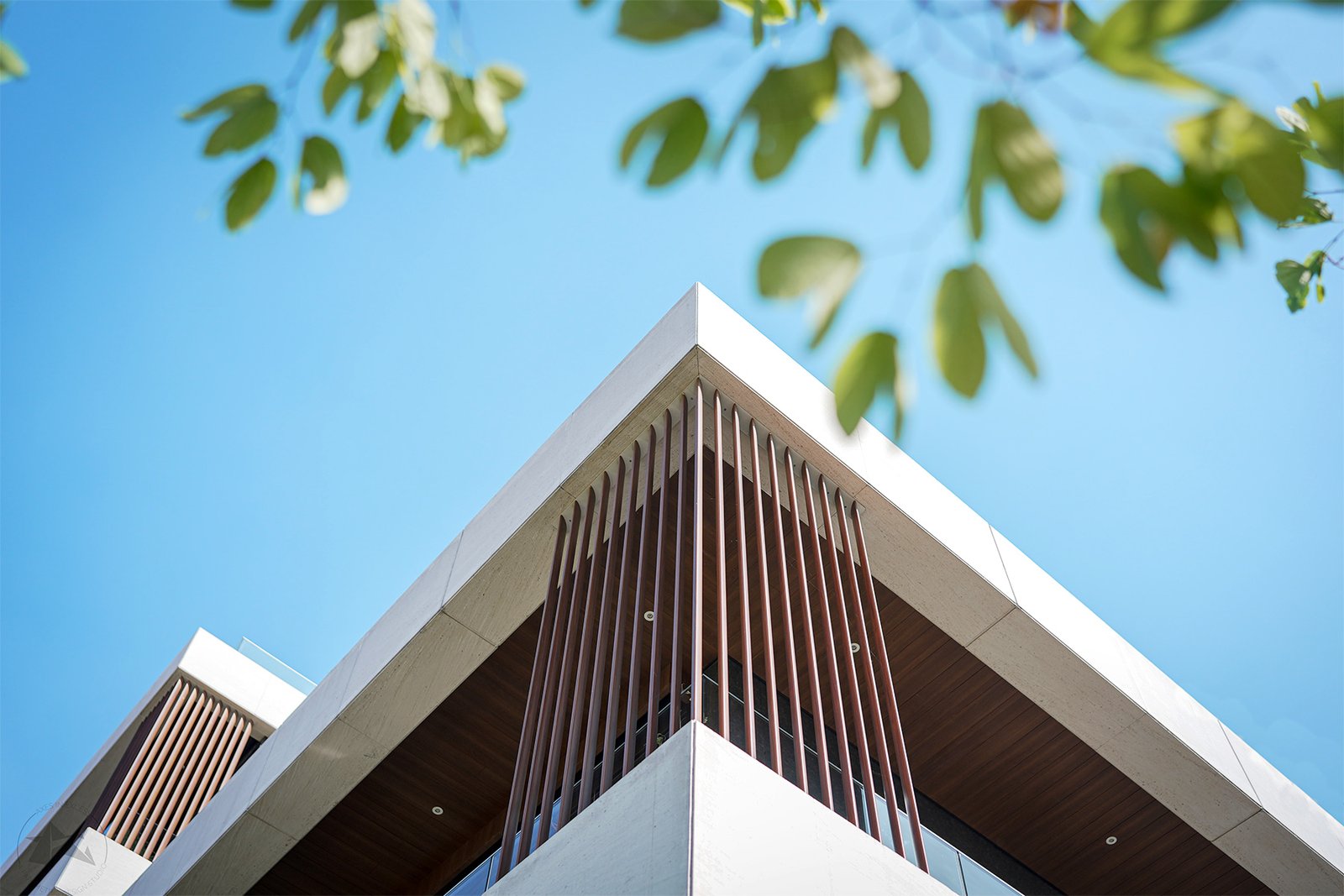 Modern residential elevation with wood finish aerofoil louvers
