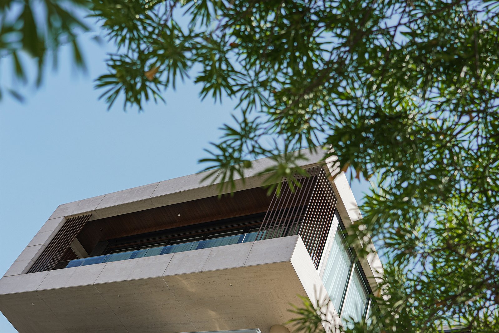 Modern house elevation with vertical solar shading louvers