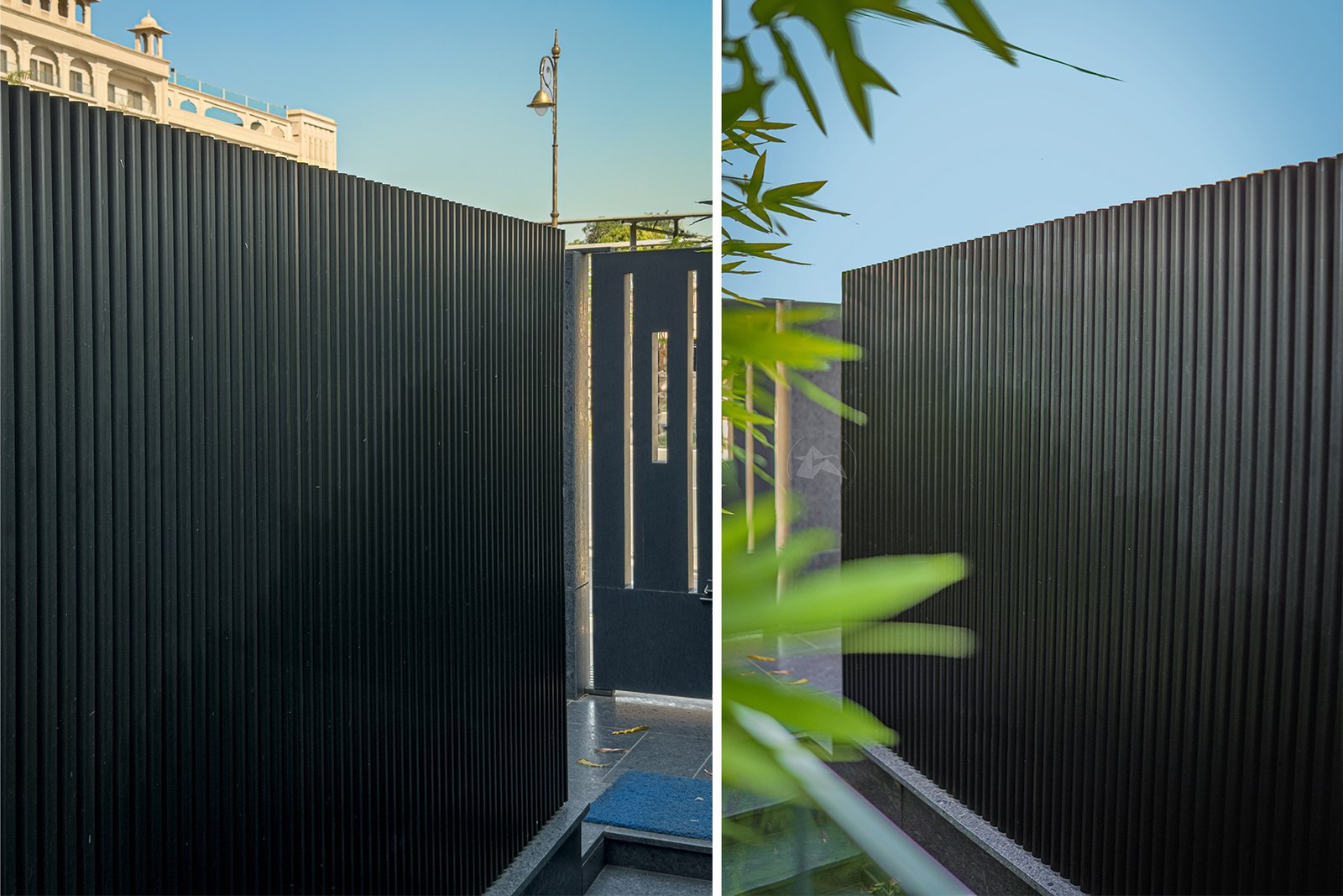 Modern residential facade with black powder coated louvers