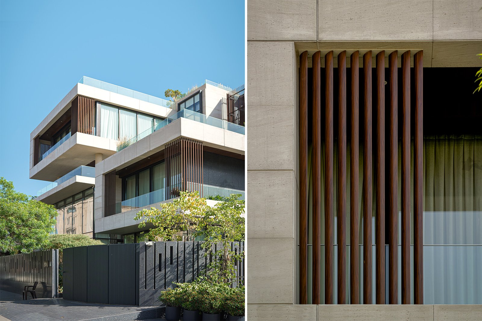 Vertical solar shading louvers for modern bungalow facade