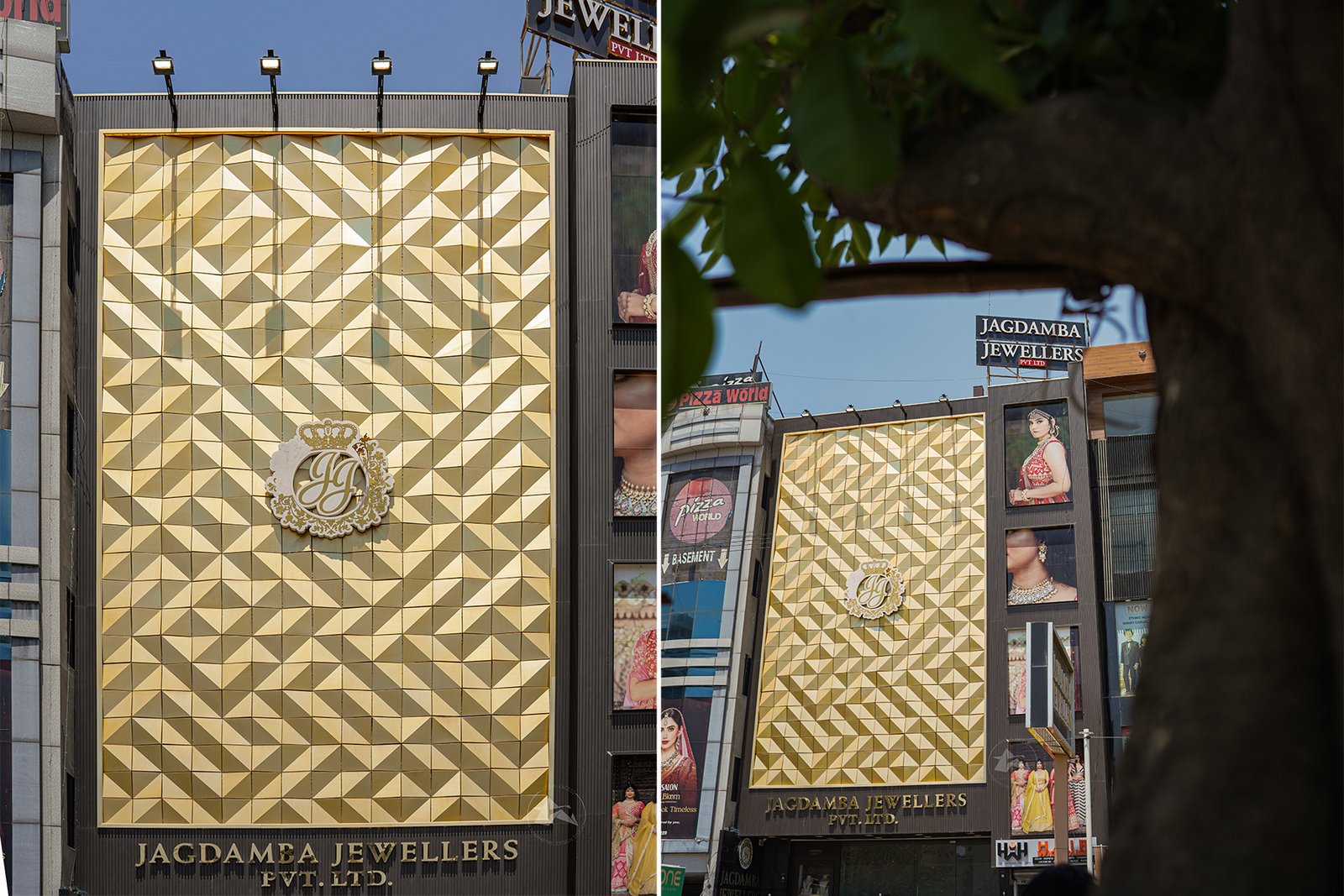 Premium commercial facade featuring gold anodized 3D metal panels