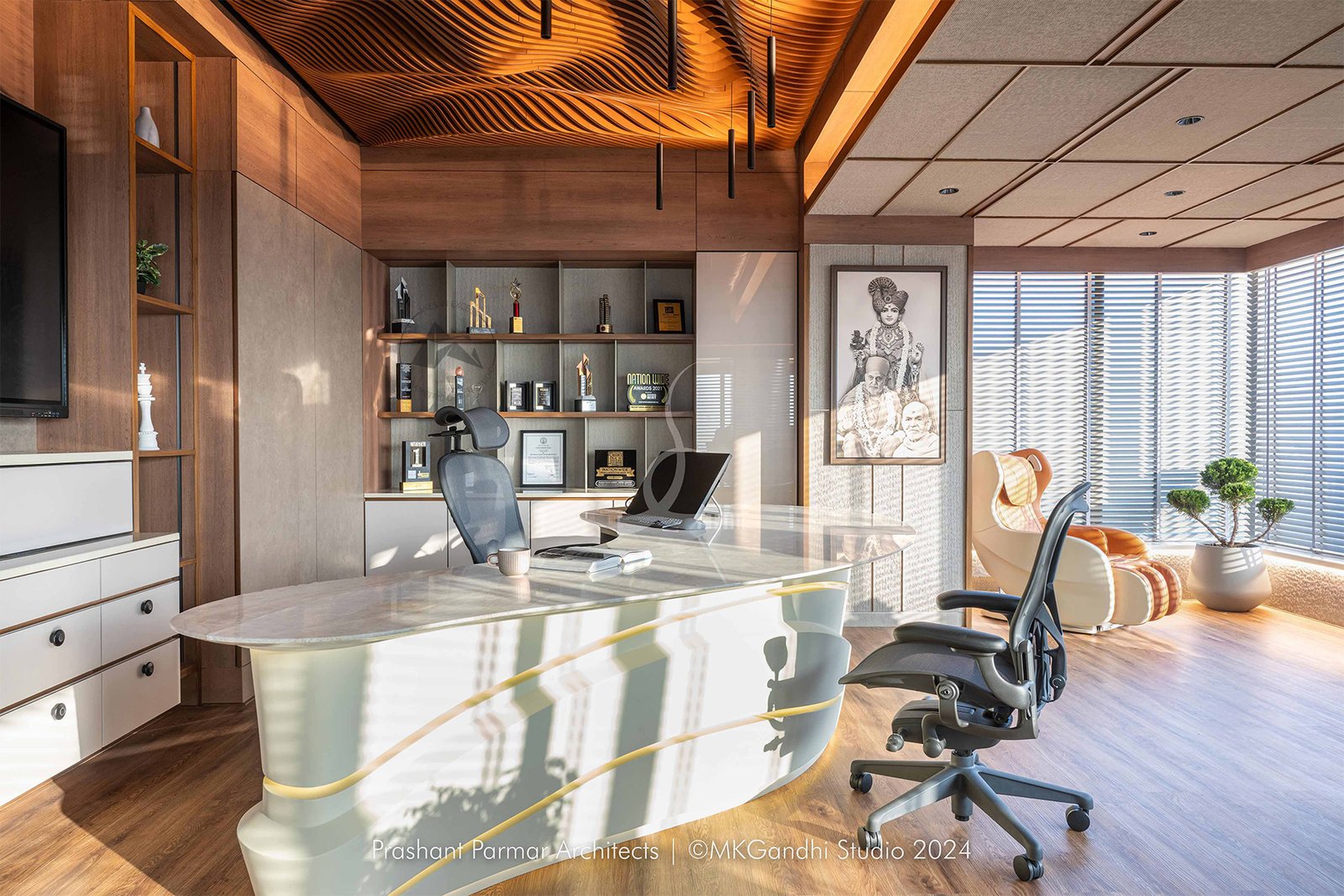 Modern office ceiling featuring parametric metal design by Axes in Excess