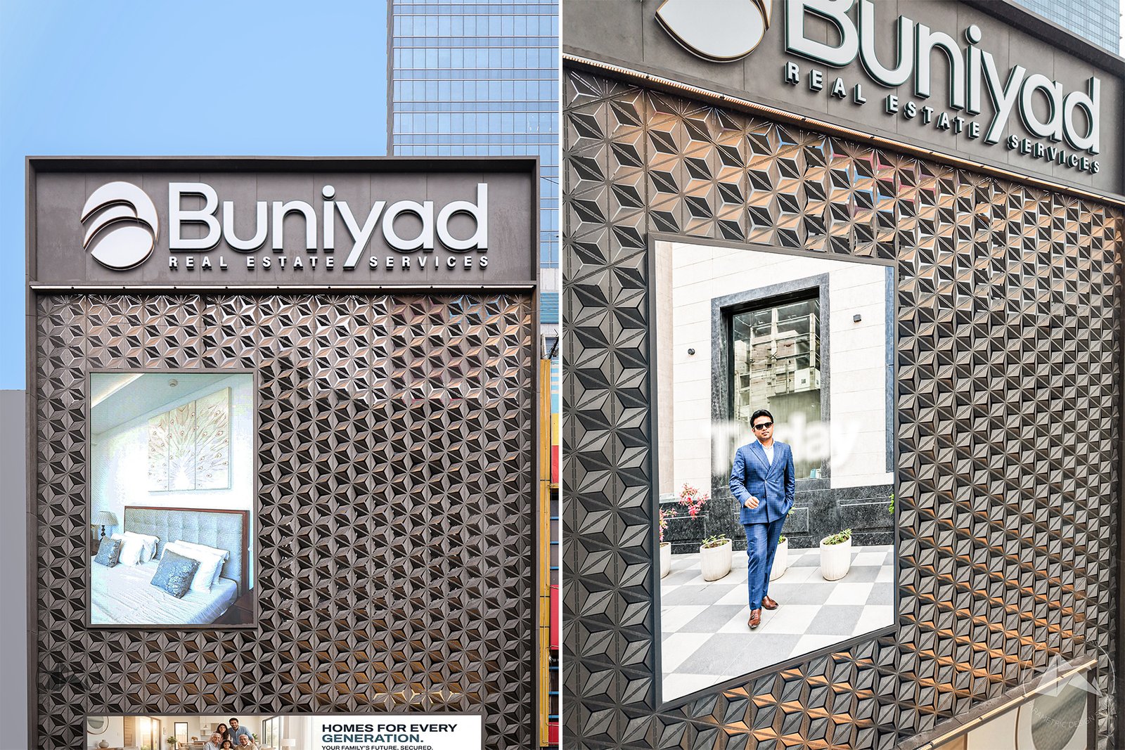 Custom parametric aluminium facade with Blossom Unveil panels for Buniyad Reality office in Noida