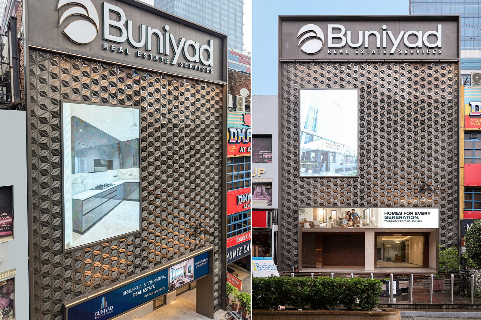 Axes In Excess architectural metal facade featuring aluminium cladding and LED-ready corporate facad