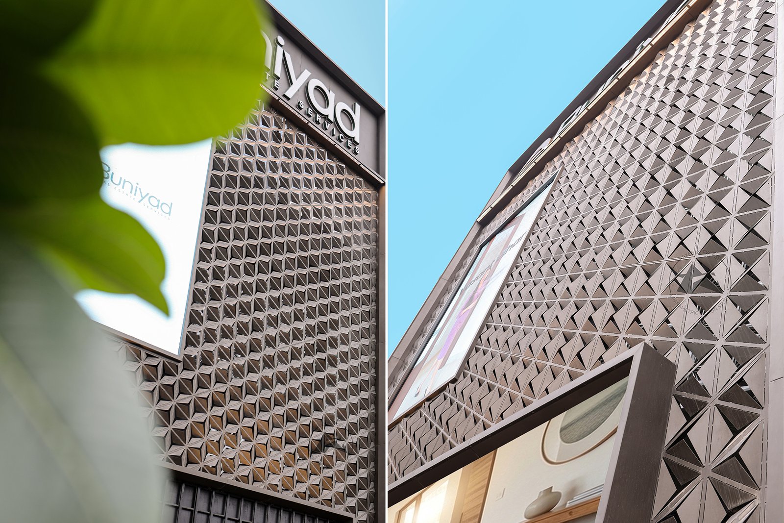 Modern commercial aluminium facade with custom border framing in Noida