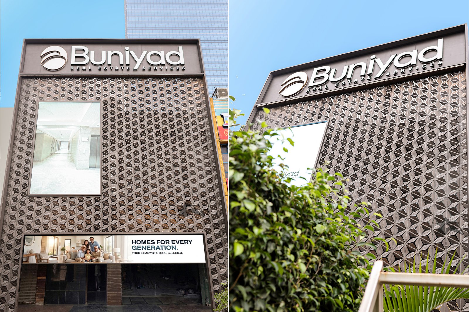 Corporate office exterior featuring 3D aluminium facade and LED display integration