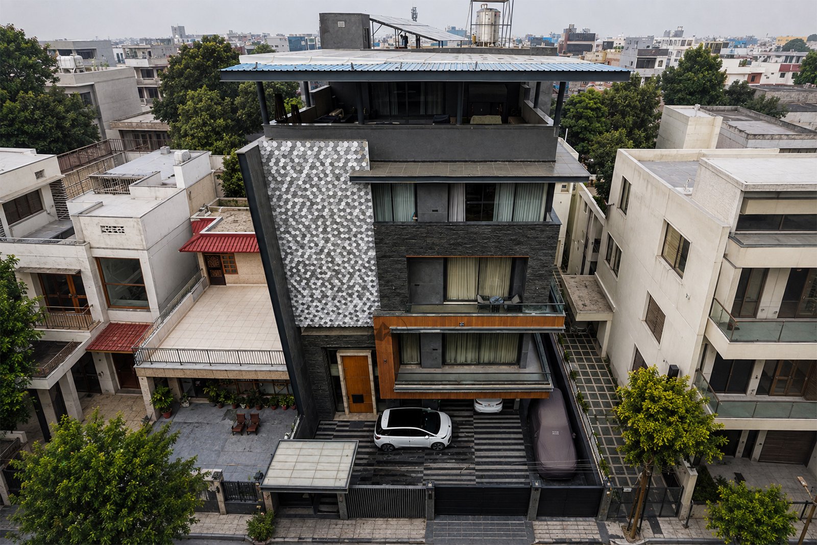 Fluted aluminium ceiling panels in modern residential architecture