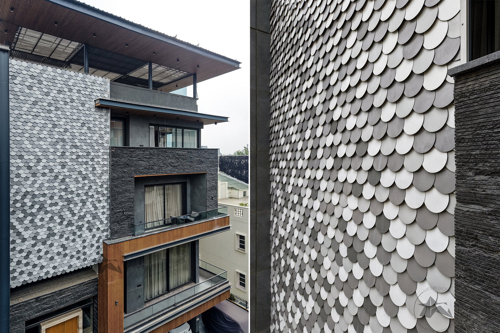 2,000 circular metal shingles in grey shades on residential facade