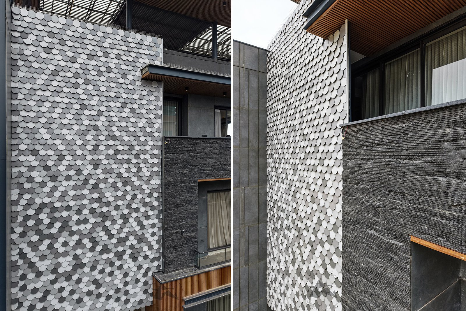 Residential metal facade with round aluminium shingles in Noida