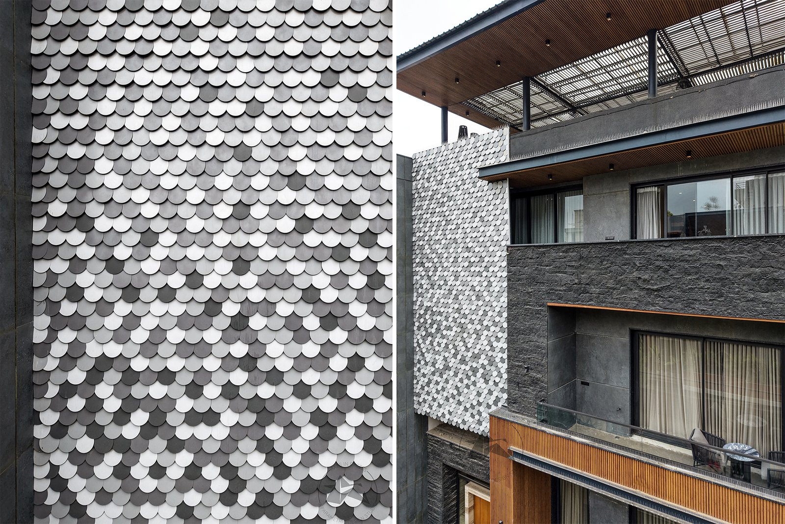 Modern residential facade with circular metal cladding