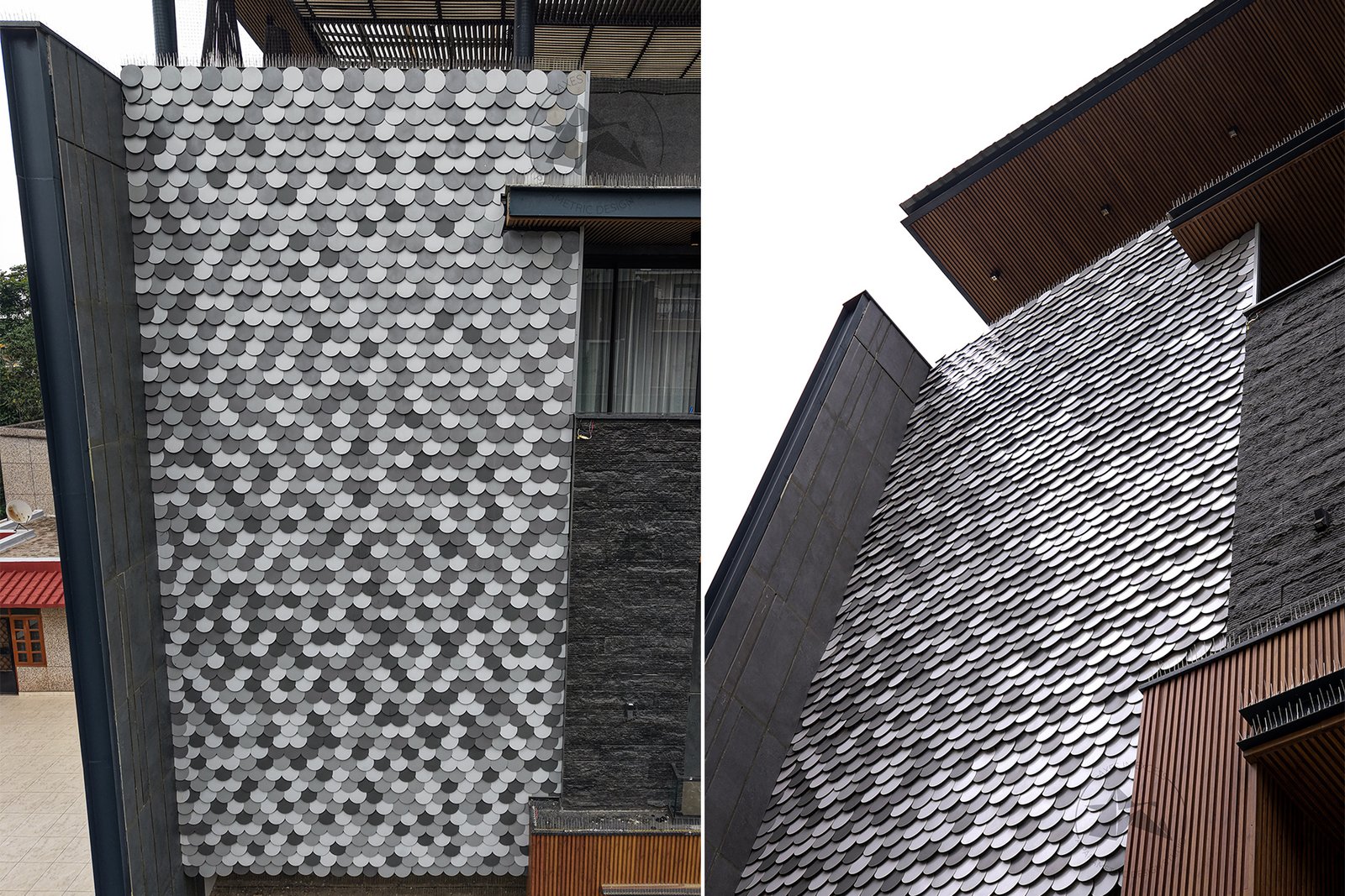 Contemporary house facade combining shingles and fluted panels