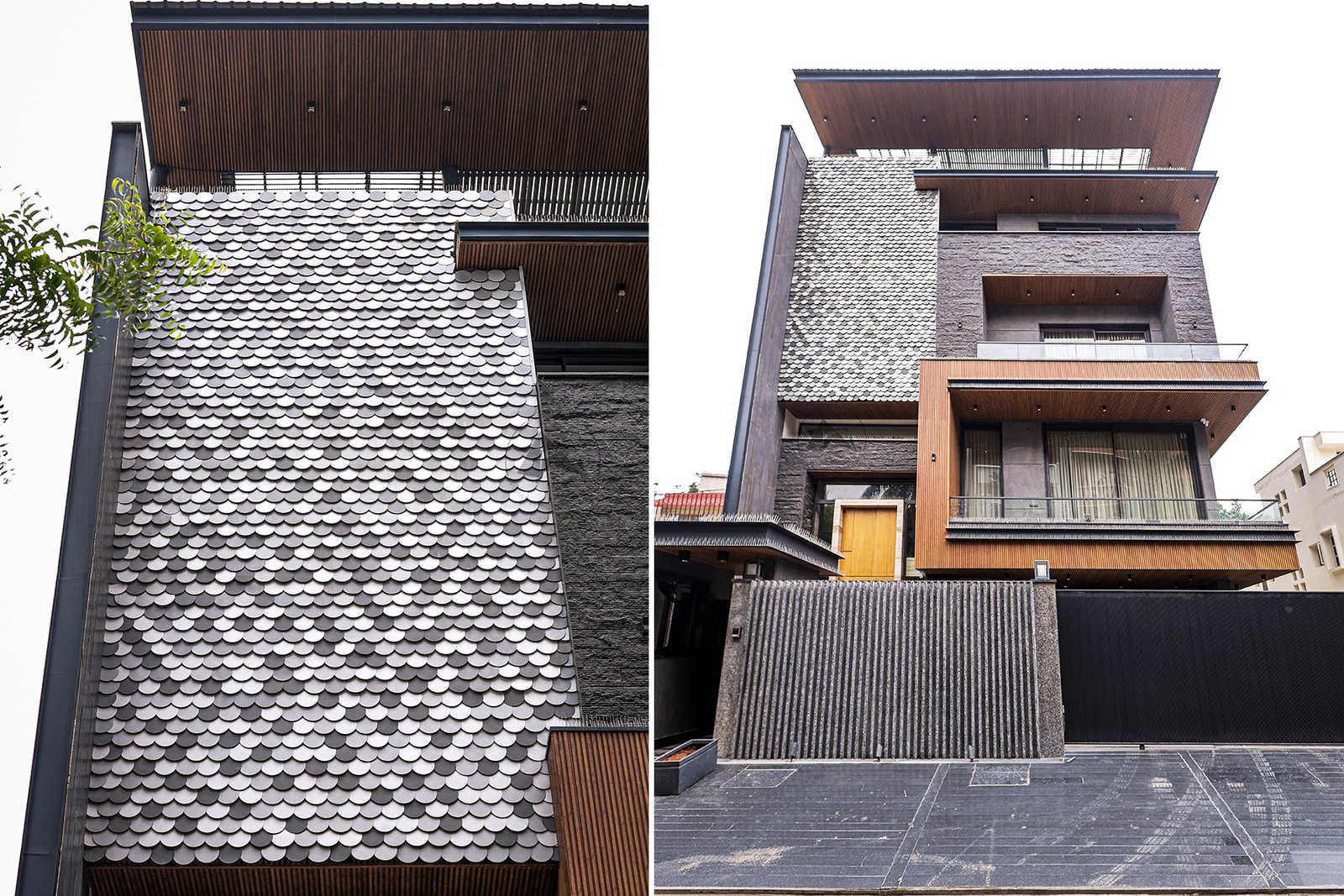 Modern residential elevation with aluminium shingles and fluted panels