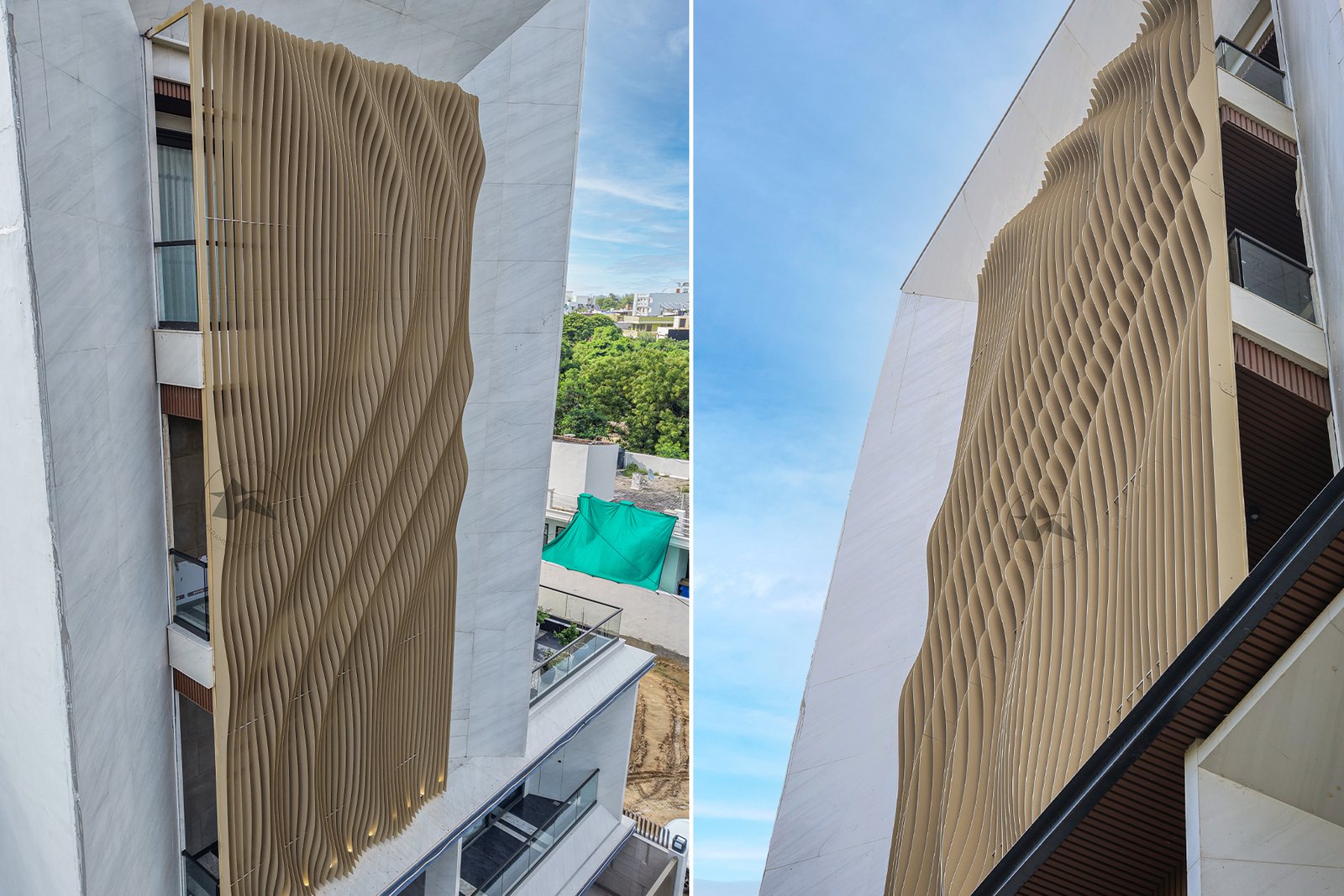 Modern residential architecture with parametric facade and fluted panels