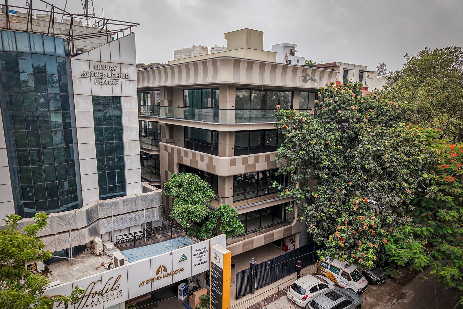Contemporary office building exterior with aluminium cladding