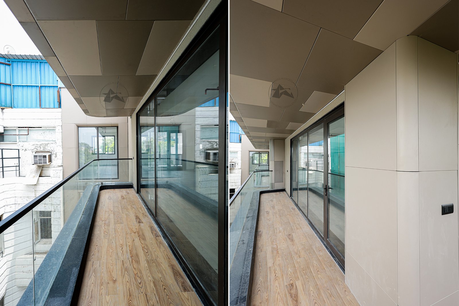 Modern metal building elevation with rounded architectural corners