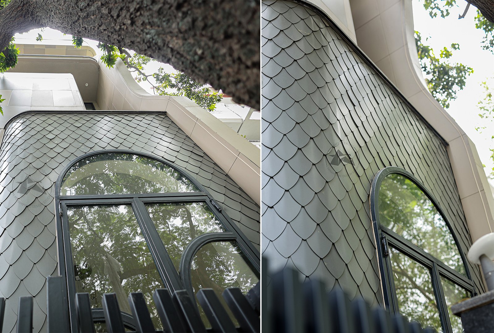 Modern commercial entrance with aluminium shingle cladding