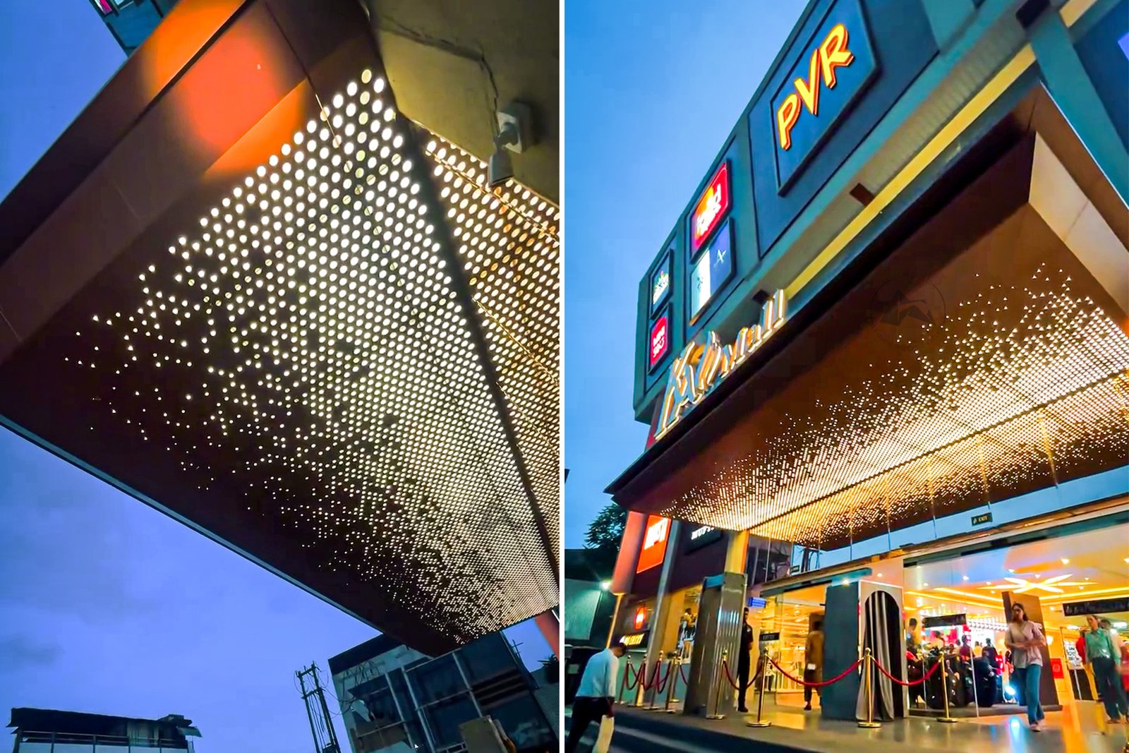 Backlit perforated aluminium canopy at K Mall in Madhya Pradesh