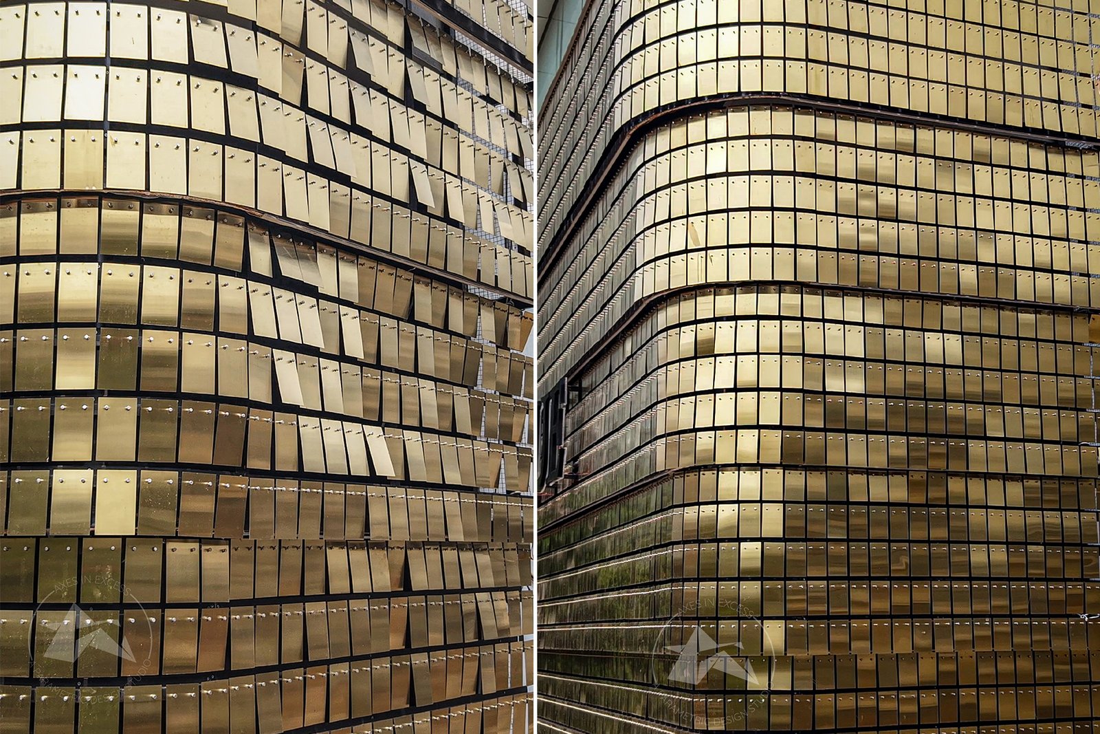Rectangular kinetic facade modules in gold finish by Axes in Excess