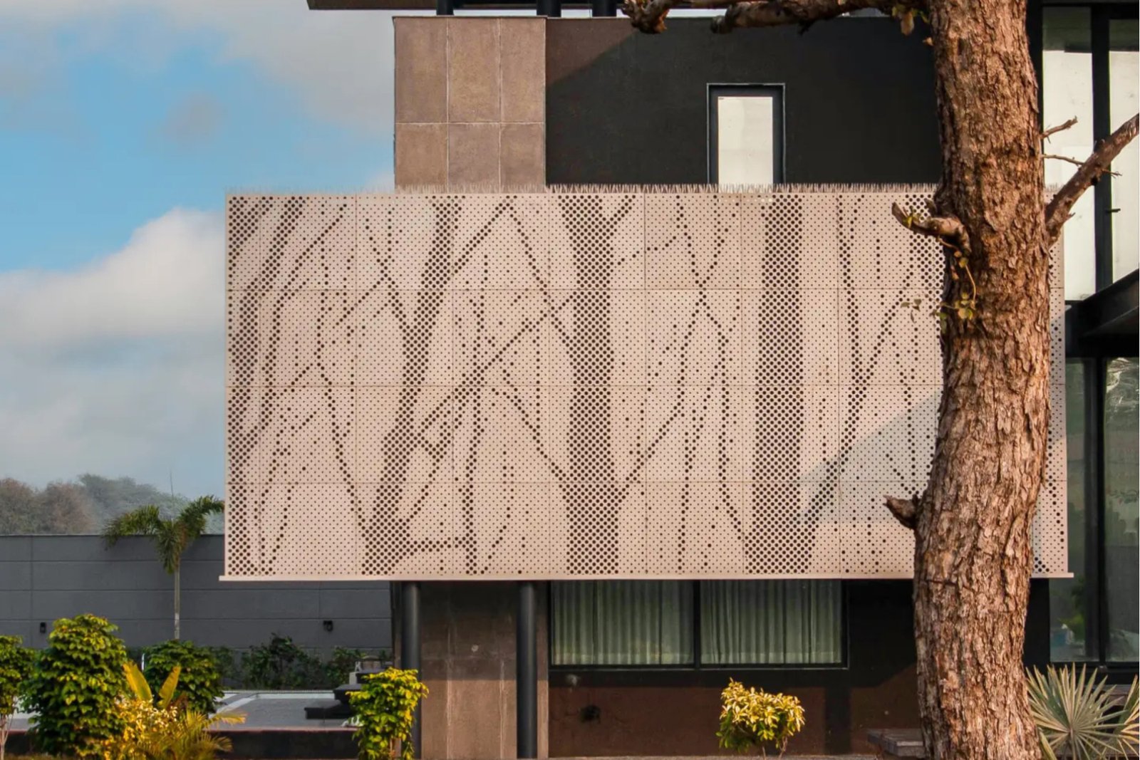 Modern residential facade at Rewari Farm featuring aluminium cladding and contemporary architectural