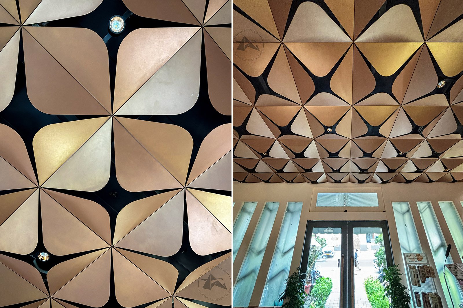 Metallic finish commercial metal ceiling design for a modern salon