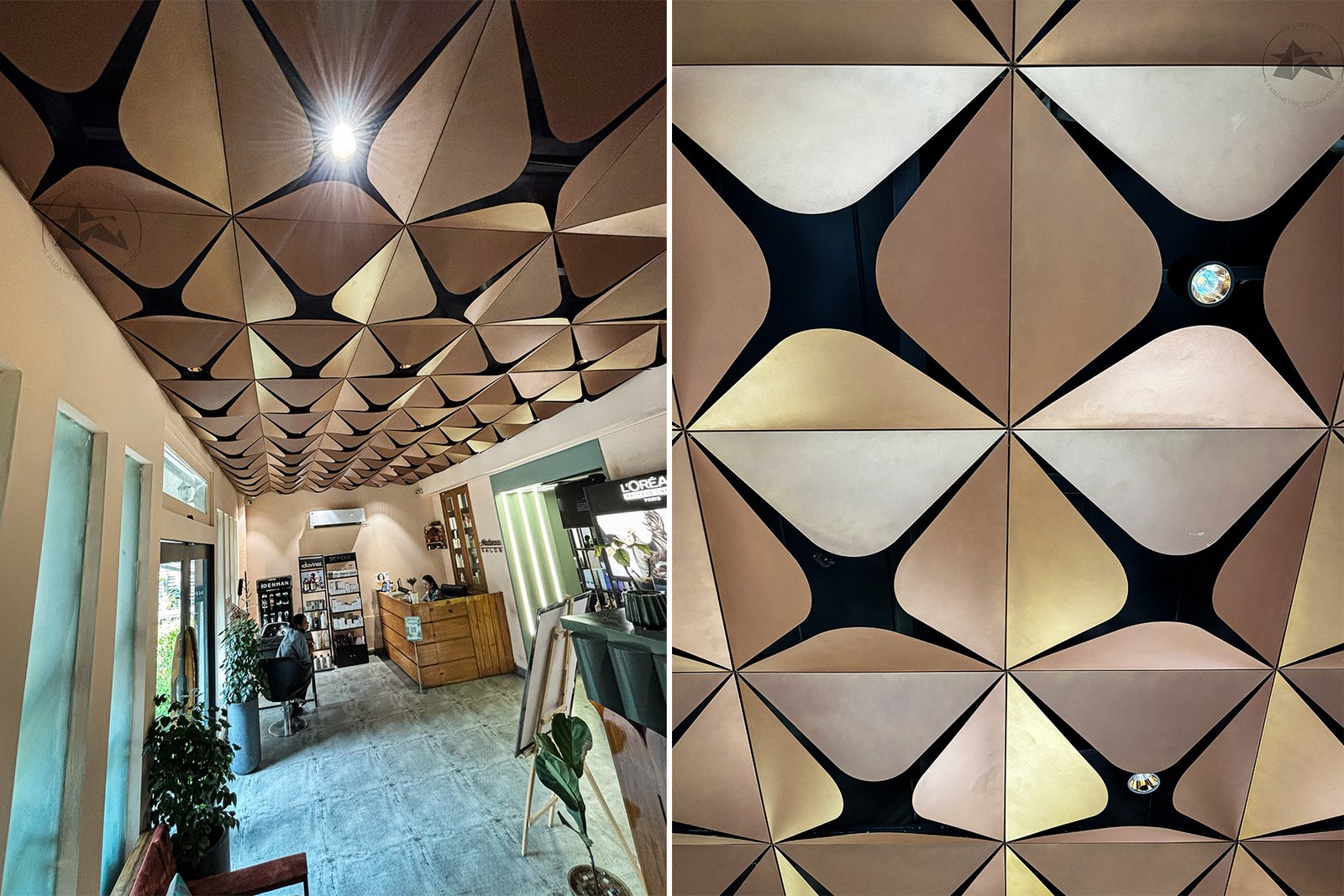 Contemporary salon interior featuring a parametric aluminium ceiling system