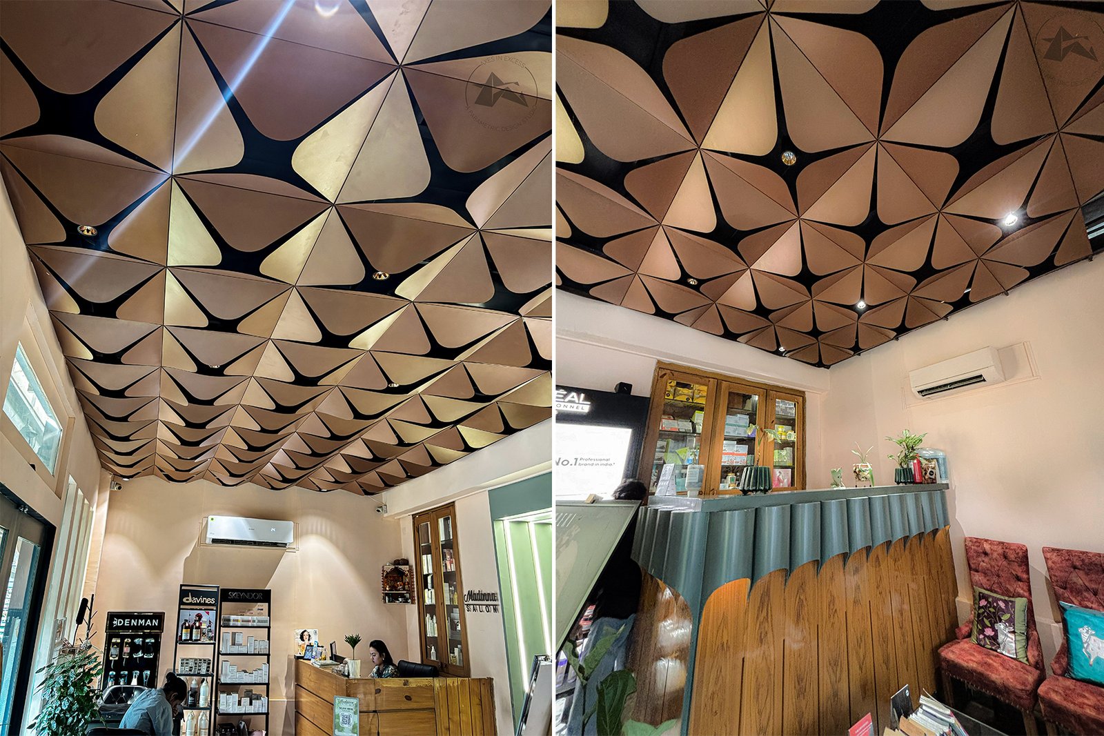 Leaf-inspired metal ceiling design combining organic forms and geometric grids