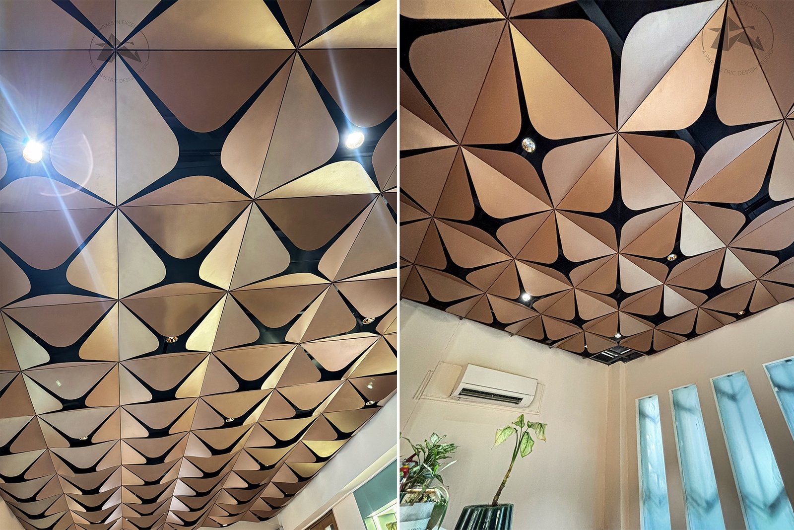 Square-grid aluminium ceiling featuring decorative leaf patterns in a salon interior