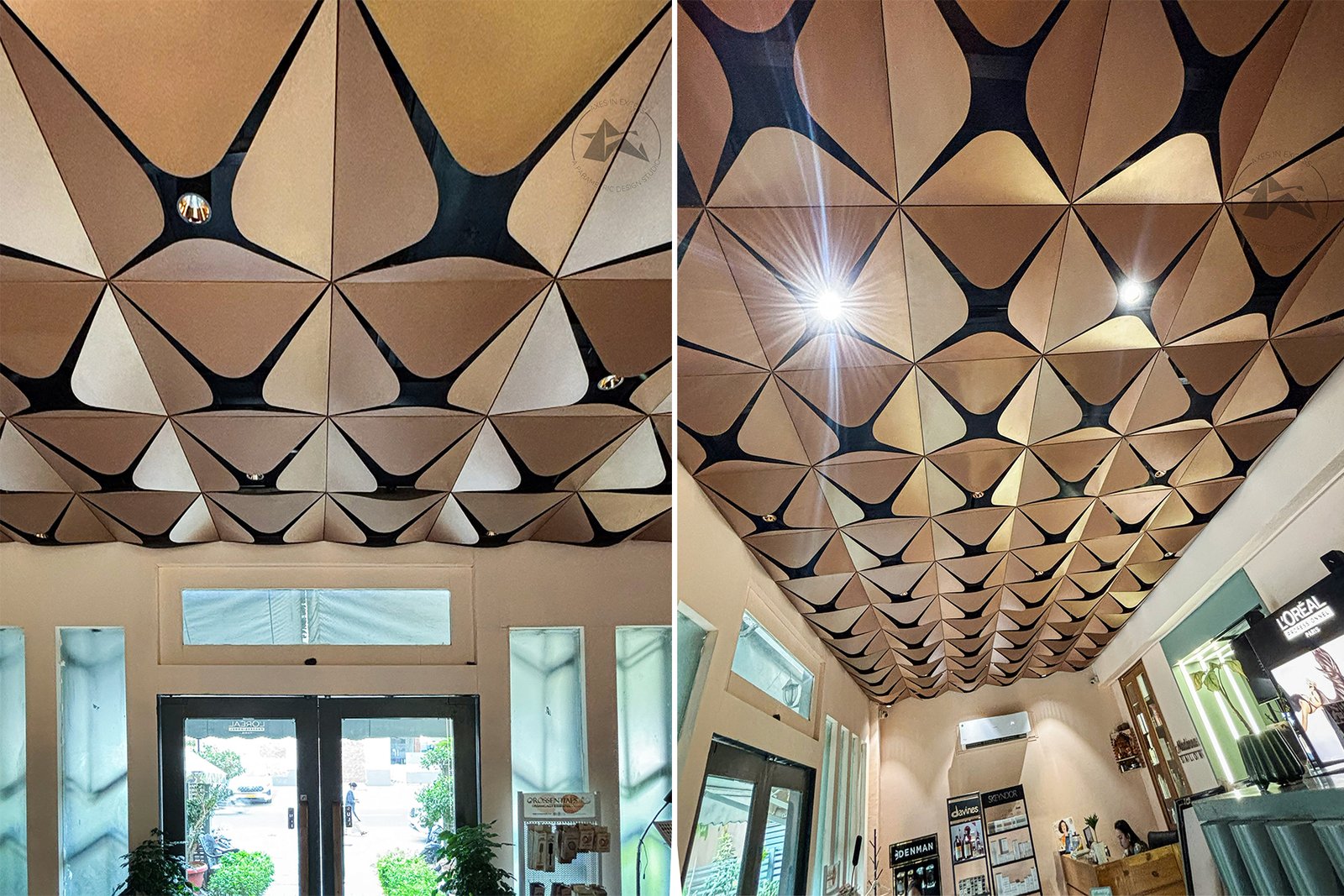 Architectural aluminium ceiling panels with a refined metallic finish