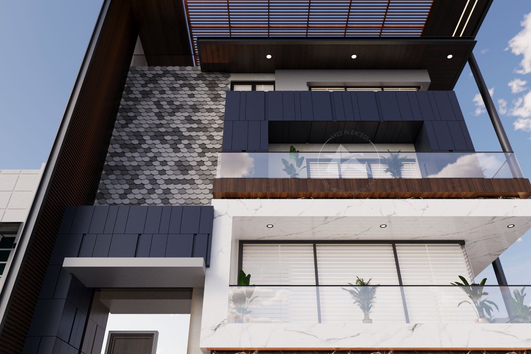 Metal Facade by axes in excess with Shingle and Sheet Cladding