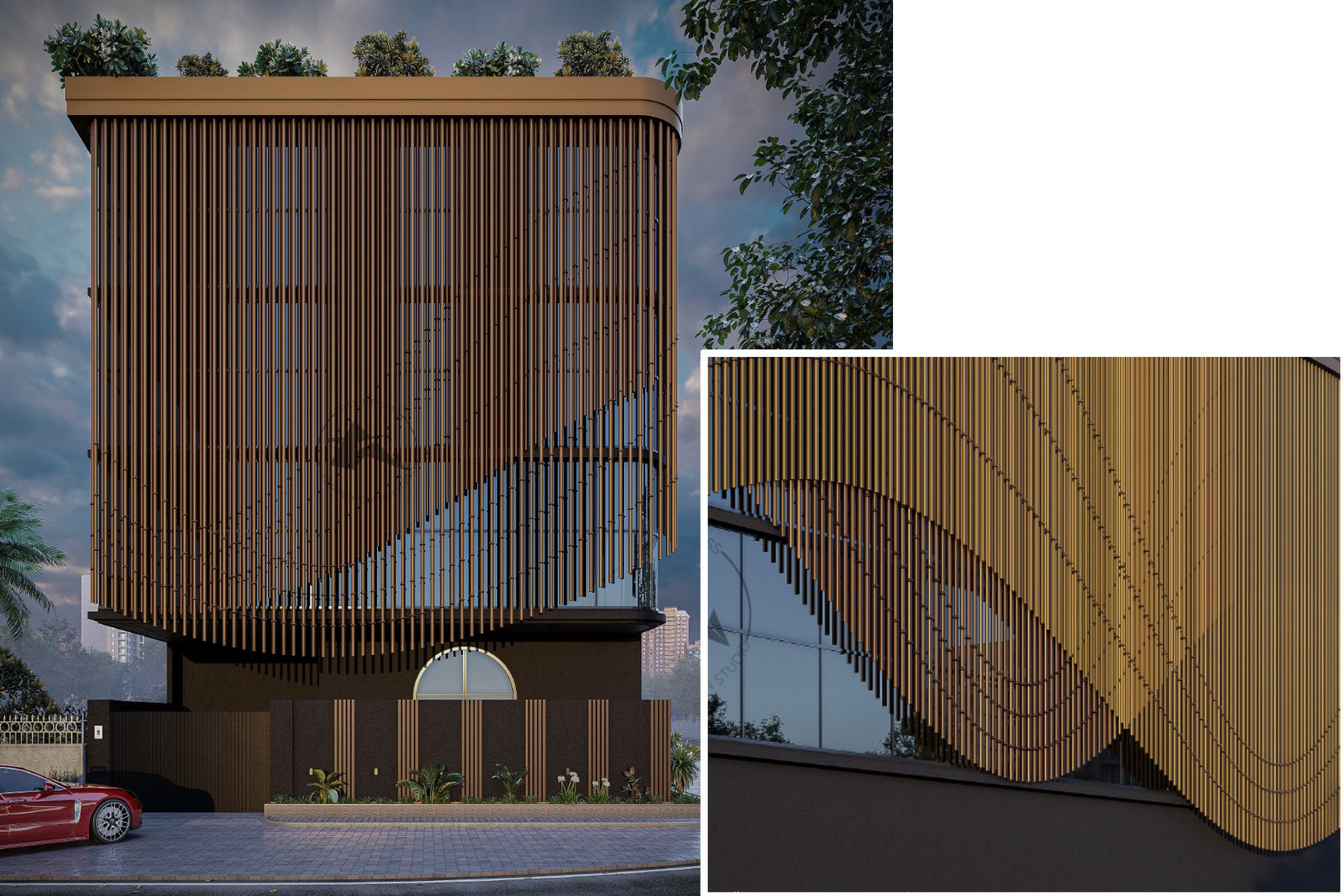 Modern facade design featuring Cylora round pipe louvers