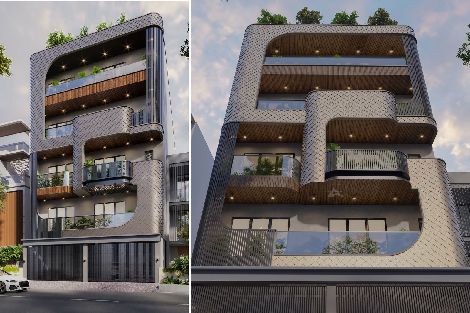 Modern 5-floor residential apartment facade featuring fluted aluminium panels, grey powder-coated al
